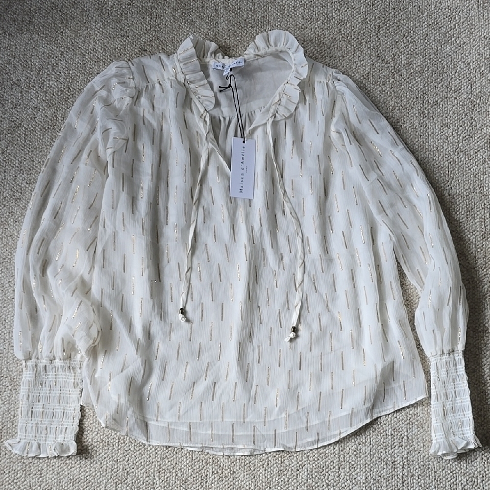 White Ruffled Blouse with Gold Accents